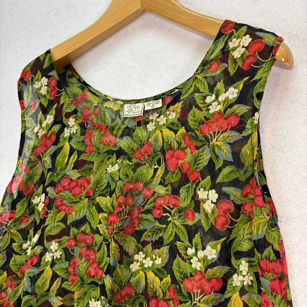 Vintage Cherry Print Sheer Rayon Tank Top Womens L Cherrycore Garden Fruit Retro - Picture 3 of 5